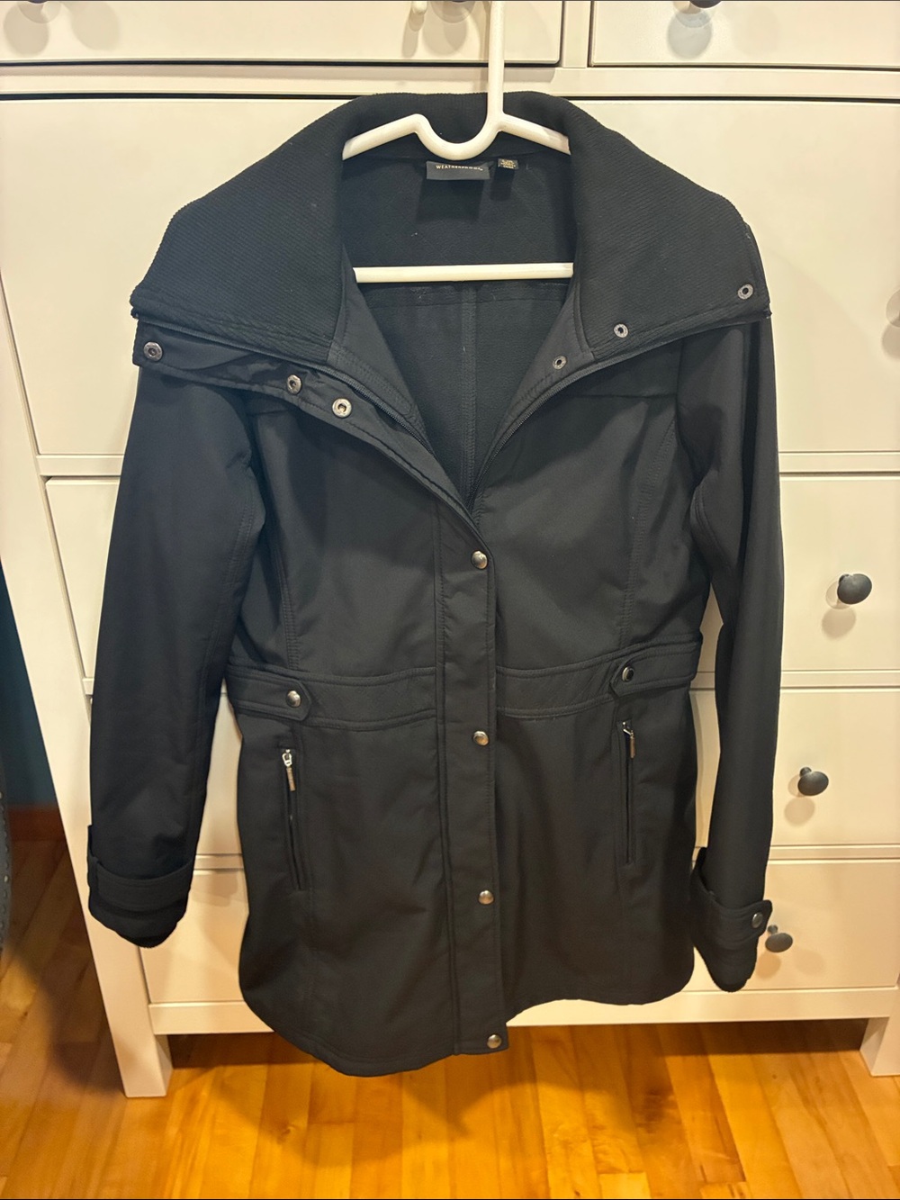 Weatherproof Black Hooded Trench Coat with Zip Pockets